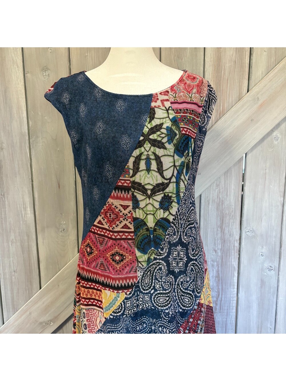Desigual dress stretch multicolor patchwork pattern  boho size large sleeveless